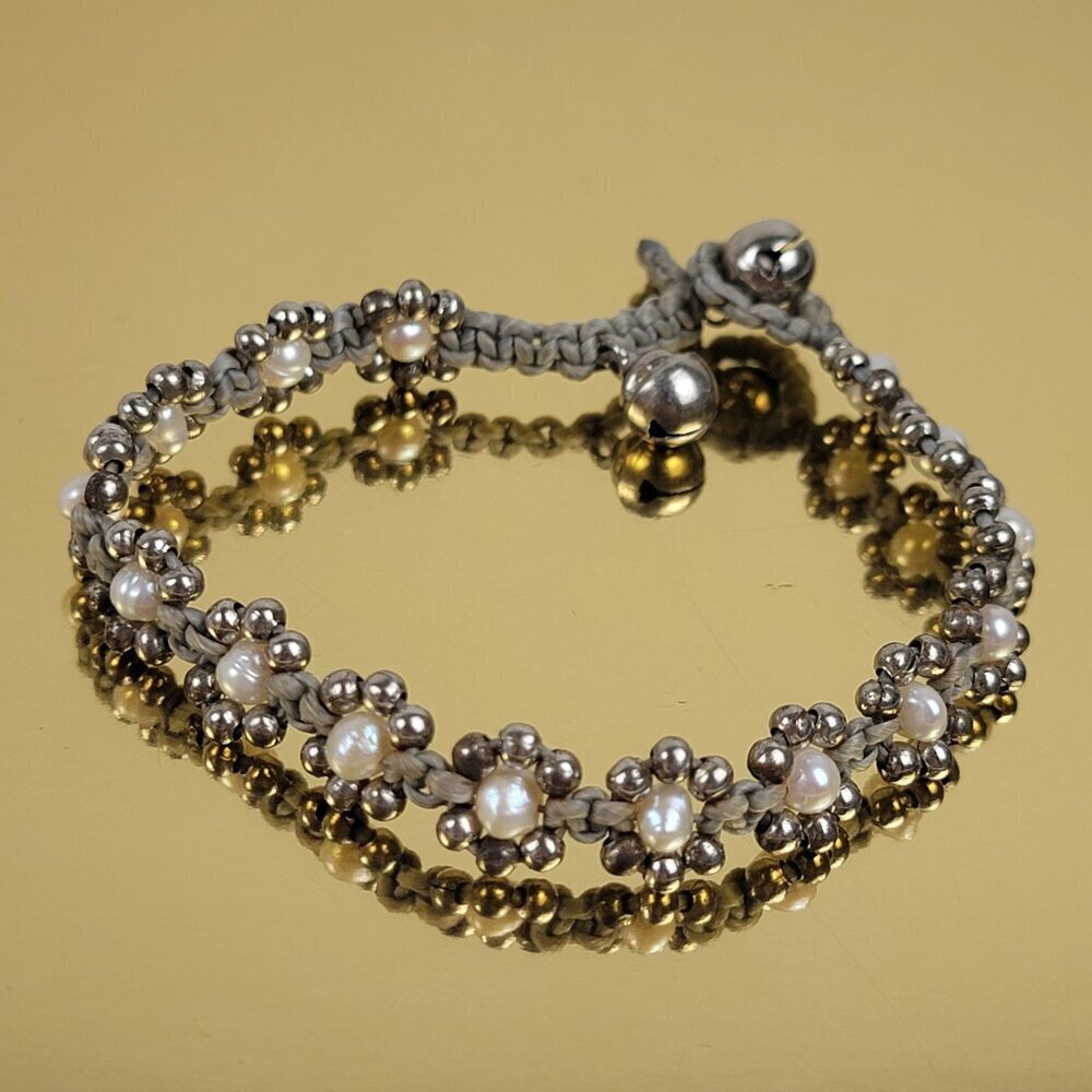 Vintage White Pearl Macrame Bracelet Silver-Tone Jingle Bells Toggle Clasp 8 In